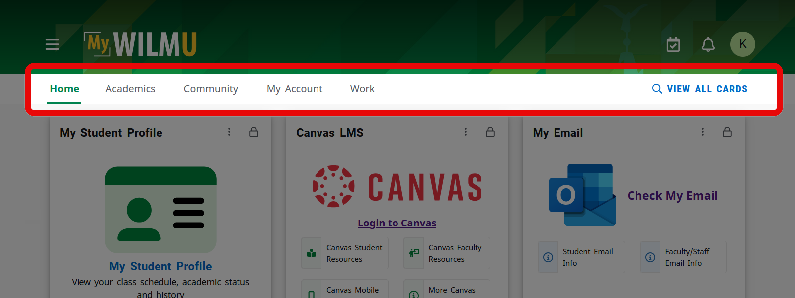 the tab bar in MyWilmU