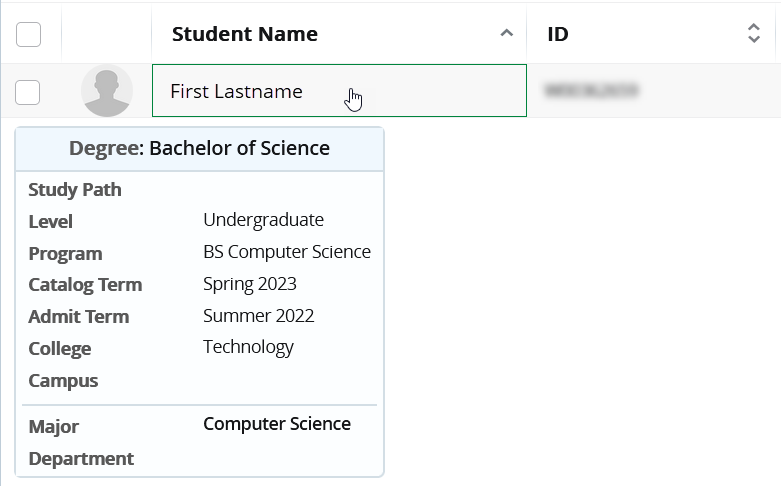 additional student information shown in the faculty class list