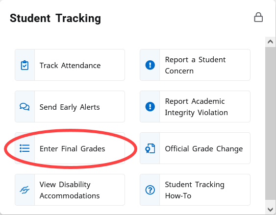 screenshot of Student Tracking card in MyWilmU with the link to Enter Final Grades highlighted