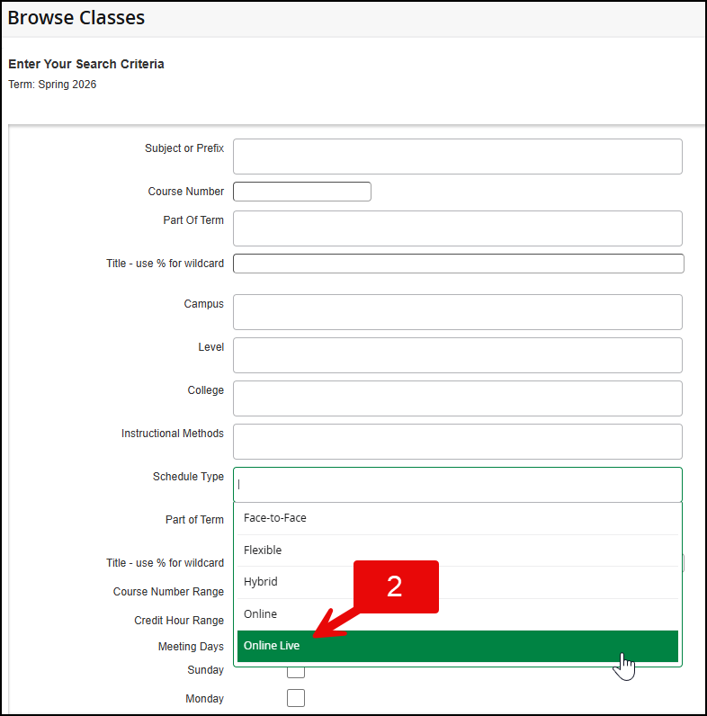 Select "Online Live" under the Schedule Type.