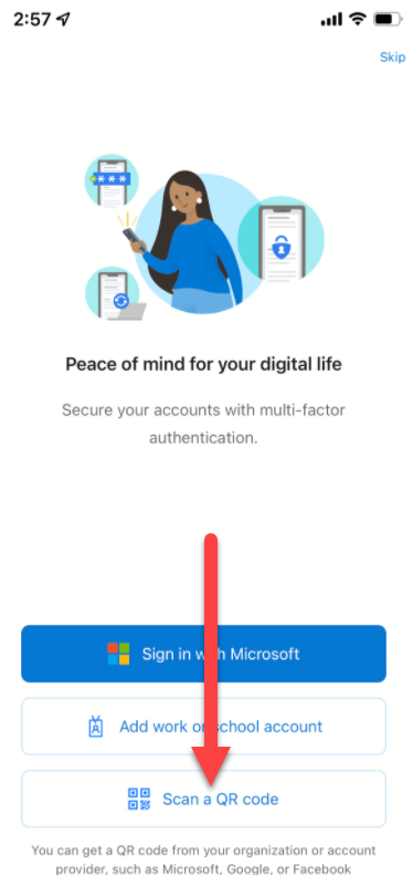 Microsoft Authenticator click Scan a QR code