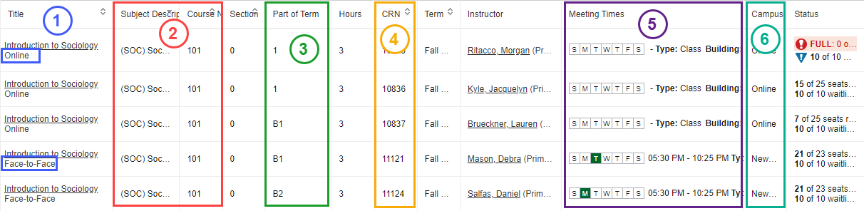 registration course search results screen shot