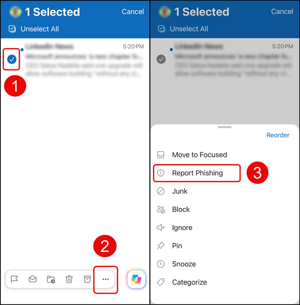 Screen shots of how to report phishing in the Outlook mobile app