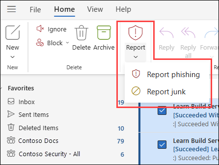 Screenshot of the Outlook Ribbon highlighting the item to report phishing