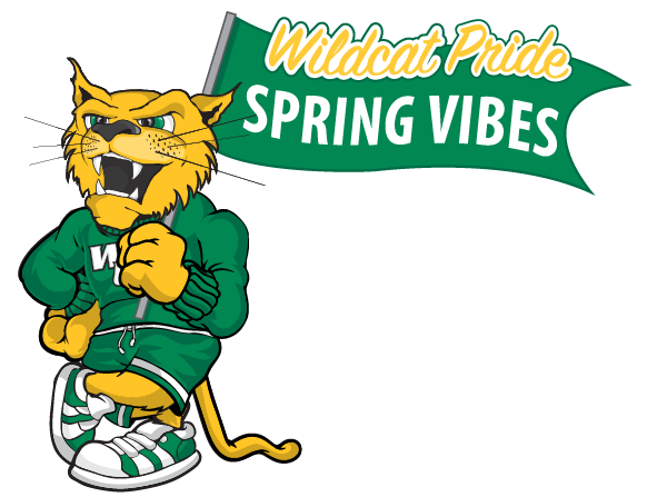 Wiley Wildcat holding a Spring Vibes banner